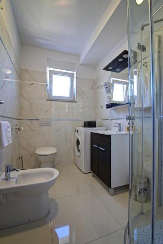 a bathroom with a sink toilet and a shower at Apartments Maris Senj in Senj