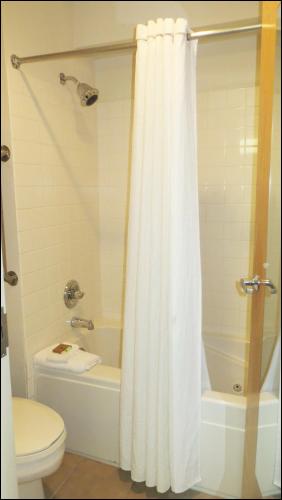 a bathroom with a white shower curtain and a toilet at Peppermill Empress Inn in Centralia