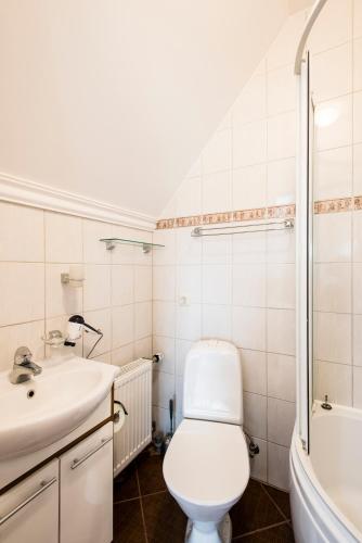 a white bathroom with a toilet and a sink at Holiday Home Ermine in Sigulda