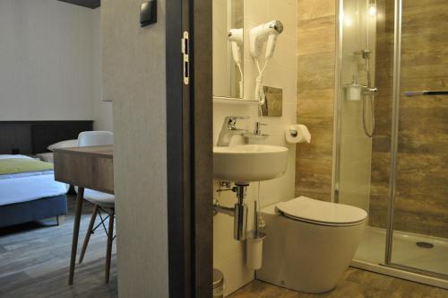 ein Bad mit einem WC, einem Waschbecken und einer Dusche in der Unterkunft Pokoje Zimna Woda in Rozalin