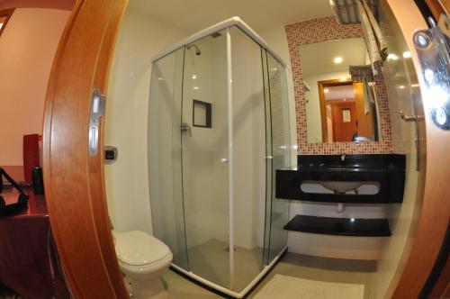 La salle de bains est pourvue d'une douche en verre et de toilettes. dans l'établissement Hotel Barão do Flamengo (Adult Only), à Rio de Janeiro