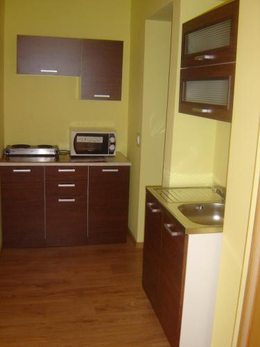 a kitchen with wooden cabinets and a sink at Ośrodek Wczasowy Wierchy in Korbielów