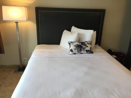 a bed with a black headboard and two pillows at Hotel Iris - Mission Valley-San Diego Zoo-SeaWorld in San Diego