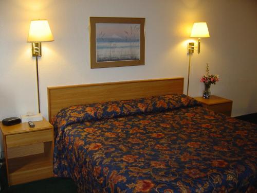 a hotel room with a bed and two lamps at Wakota Inn and Suites in Cottage Grove
