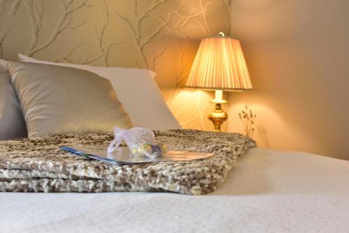 a plate of food on a bed with a lamp at The Rockwell-Harrison Guest Lodge in Harrison Hot Springs