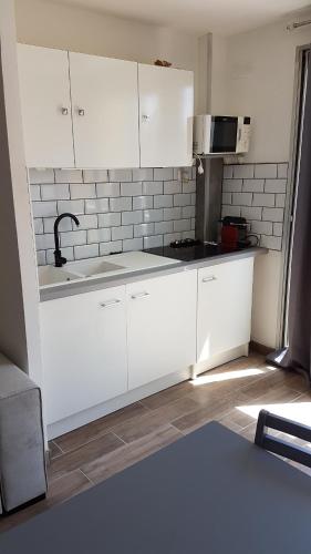 une cuisine blanche avec un évier et un micro-ondes dans l'établissement Super studio cap d'agde, au Cap d'Agde