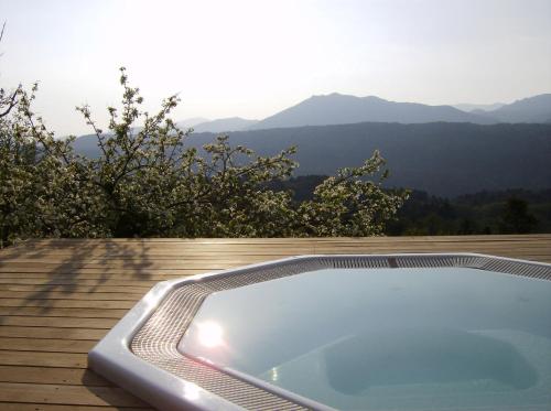 einen Pool auf einer Terrasse mit Bergen im Hintergrund in der Unterkunft Hotel Le Tourisme in Zonza