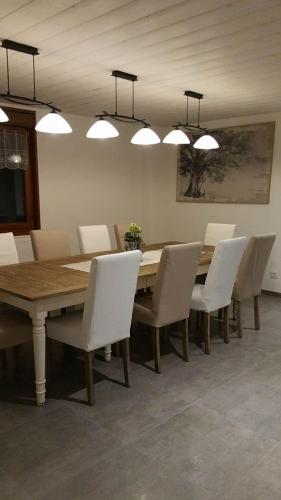a dining room with a table and chairs and lights at L'Ecrin du Lac in Saint-Point-Lac