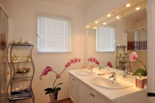 La salle de bains est pourvue de 2 lavabos et d'un grand miroir. dans l'établissement Gîte Villa Louis Victor, à Villers-sous-Châtillon
