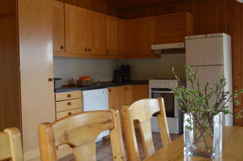 a kitchen with a table and chairs and a refrigerator at Nordseter Fjellpark, Hyttegrend in Nordseter