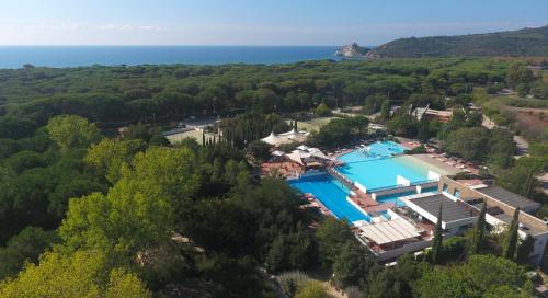 an aerial view of a villa with a swimming pool and the ocean at Camping Village Rocchette in Castiglione della Pescaia