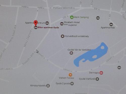 a close up of a map of a city at Bíbor Apartman in Gyula