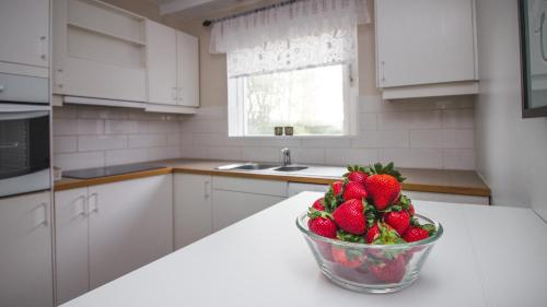 a bowl of strawberries sitting on a counter in a kitchen at Apartment 19 in Selfoss