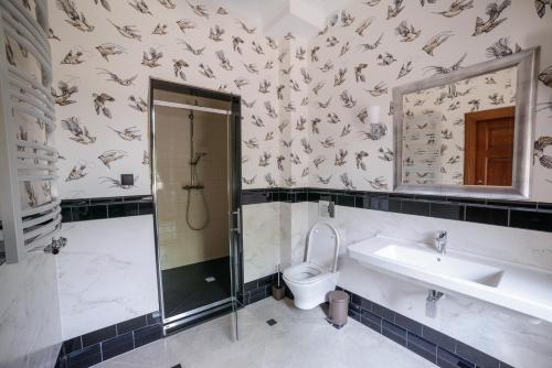 ein Badezimmer mit einem WC, einem Waschbecken und einem Spiegel in der Unterkunft Willa Filiks Restauracja & Pokoje in Nałęczów