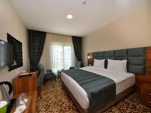 サカリヤにあるSertaç Hotelの大型ベッドとテレビが備わるホテルルームです。