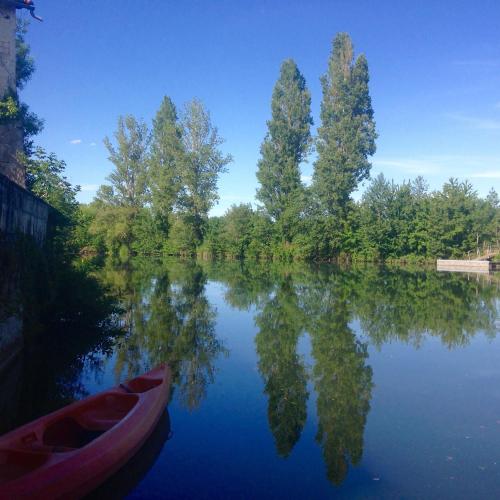 a boat on a lake with trees in the water at La Rive Chambre d hôtes The Riverside Retreat in Jarnac