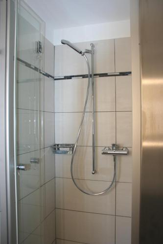 ein Bad mit einer Dusche und einer Glastür in der Unterkunft Hotel du Lac Grandson in Grandson