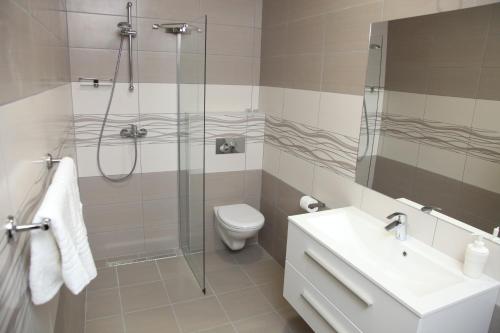 a bathroom with a shower and a toilet and a sink at Apartments Mare in Gradac