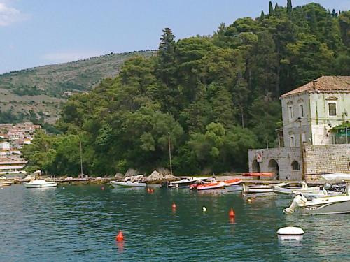 un montón de barcos en el agua cerca de una montaña en Rooms Sentic, en Dubrovnik