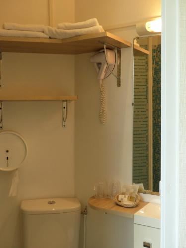 a bathroom with a toilet and a sink and a mirror at Belle Epoque in Chinon