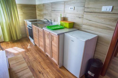 a small kitchen with a sink and a refrigerator at Apartmani Restoran Durmitor in Žabljak