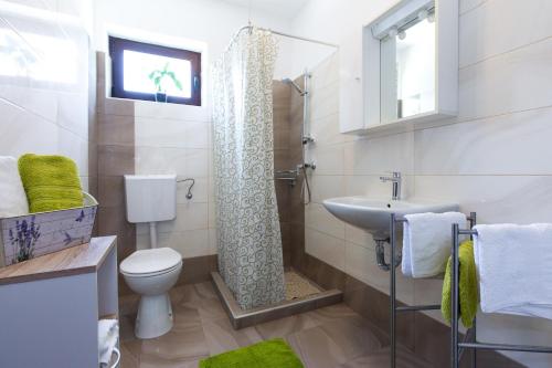 La salle de bains est pourvue d'une douche, de toilettes et d'un lavabo. dans l'établissement Apartment Milka, à Krk