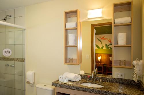 La salle de bains est pourvue d'un lavabo, de toilettes et d'un miroir. dans l'établissement Pousada Paiol, à Atibaia