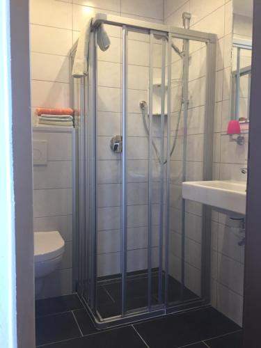 een badkamer met een douche, een toilet en een wastafel bij Pension Windinger in Schiefling am See