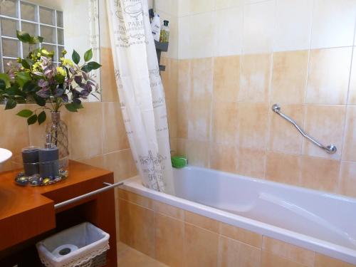 ラゴスにあるLucas' Houseのバスルーム(バスタブ付)、花瓶