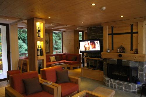 a living room with a fireplace and a tv at Apartmani Vila Bjelasica in Kolašin