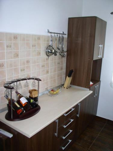 a kitchen counter with a counter top with bottles on it at Sura Pietrei Craiului in Zărneşti