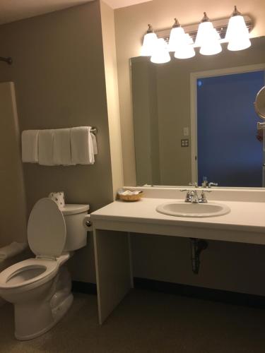 a bathroom with a toilet, sink, and mirror at Cutty Sark Motel in York Beach