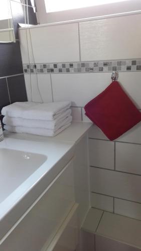 a bathroom with a white sink and towels on a shelf at Ferienwohnung Eichhörnchen in Eckernförde