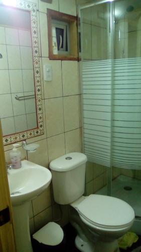 a bathroom with a toilet and a sink at Hospedaje Los Calafates in Ancud