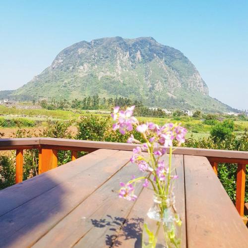 a vase of flowers sitting on a table with a mountain at Sweetsalt in Seogwipo