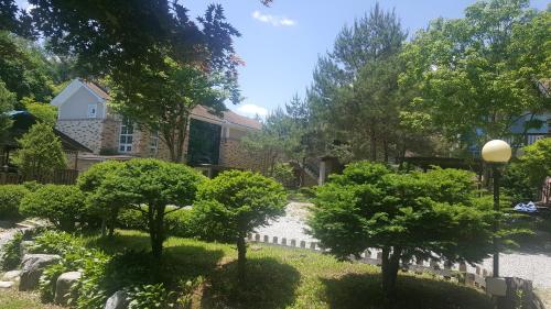 a garden with trees in front of a building at Shinevalley Pension & Hotel in Pyeongchang 
