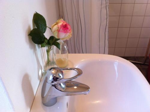 a bathroom sink with a vase with a flower in it at Ola-Nils Gård in Borrby