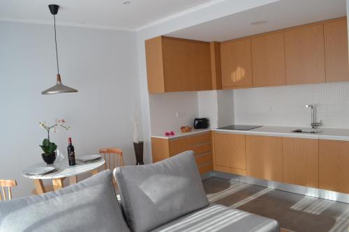 a living room with a couch and a kitchen at RockInn Porto in Vila Nova de Gaia