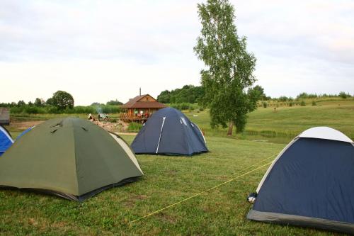 three tents sitting in the grass in a field at Mikalojiškis in Inturkė