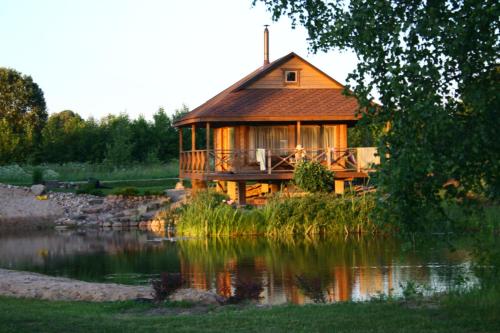 a log cabin with a pond in front of it at Mikalojiškis in Inturkė