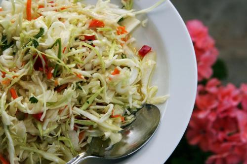 a bowl of coleslaw on a plate with a spoon at Guesthouse Alexandros in Nestorio