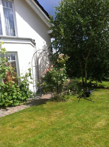 a dog sitting in the grass next to a house at Ferienwohnung am Nurburgring in Welcherath