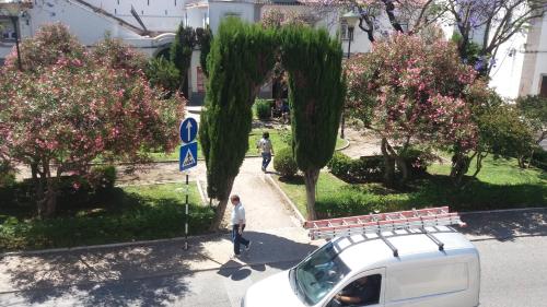 a white van parked on a street next to trees at Alojamento Cesarini in Montijo