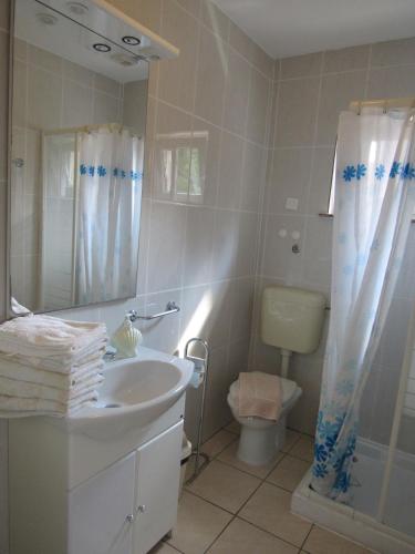 a bathroom with a sink and a toilet and a mirror at Apartments Villa Palme in Opatija