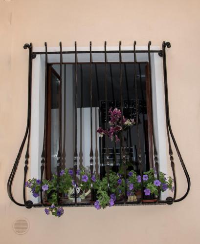 a window with a bunch of flowers on it at B&B Quintino Sella in Iglesias