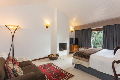 カンポス・ド・ジョルドンにあるAberdeen Premium Stayのベッドとソファ付きのホテルルーム