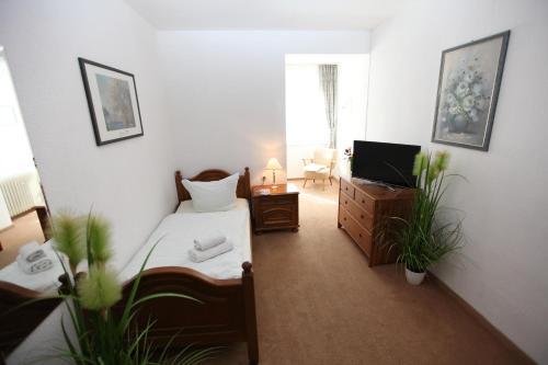 a bedroom with a bed and a tv in a room at Pension Gockels-Auszeit in Bad Wildungen