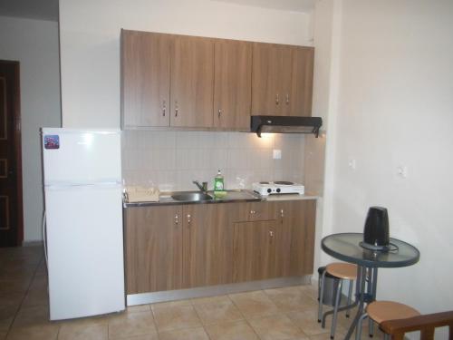 a kitchen with a white refrigerator and a table at Dimitra's Apartments in Olympiaki Akti