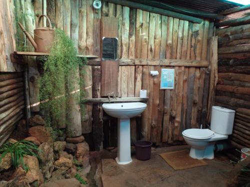 a wooden bathroom with a toilet and a sink at Joy River Backpackers in Moremela