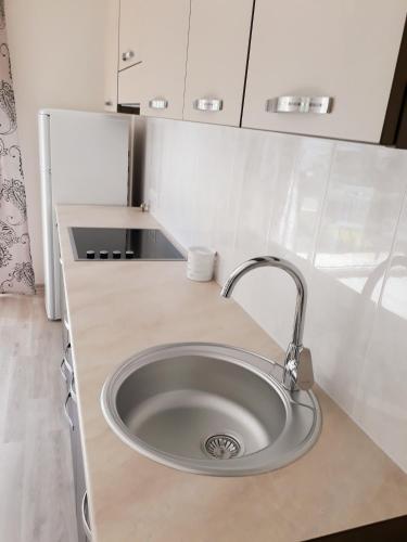 a kitchen counter with a sink in a kitchen at Laimos vila in Palanga